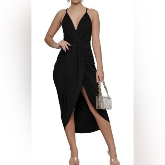 V Neck Ruched Wrap Slit Hem Sleeveless Spaghetti Strap Midi Bodycon Dress Sz med - Picture 1 of 4